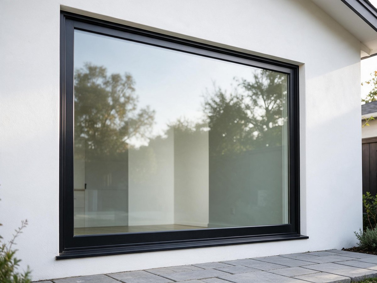 Black-framed picture window reflecting trees against a bright white home exterior