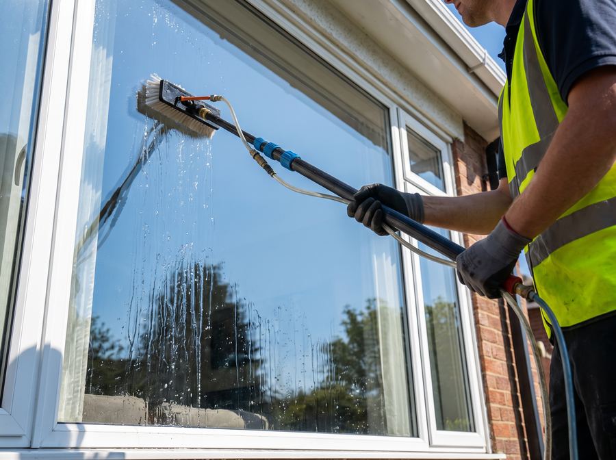 Technician using a water-fed pole to clean a home window streak-free